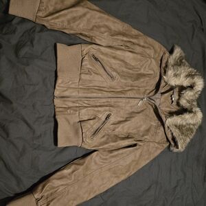 Ashley By 26 International Faux Leather Bomber Jacket with Faux Fur Hood - Tan